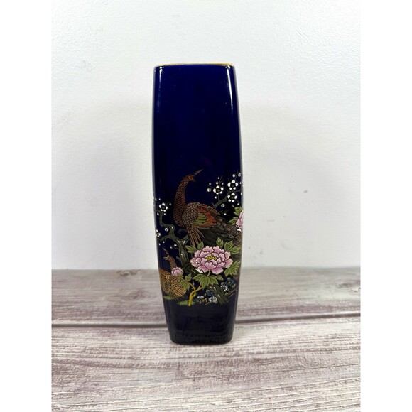 Cobalt Blue Peacock and Floral Vase 22-Gold Trim porcelain vtg - Picture 2 of 13